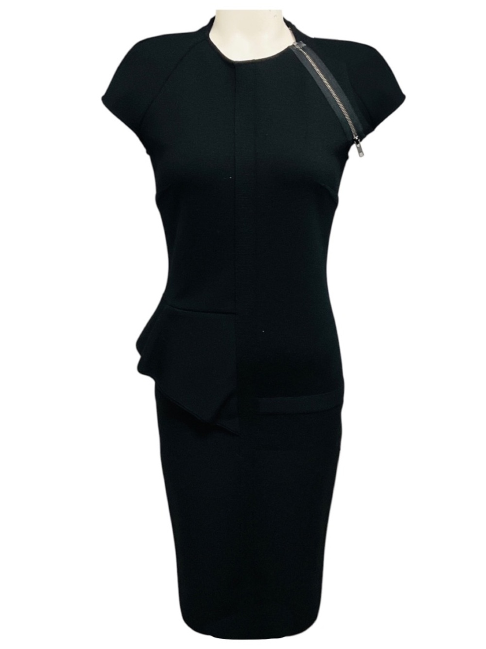 GIVENCHY BLACK ZIPPER DETAIL STRETCH KNIT FITTED BODYCON DRESS